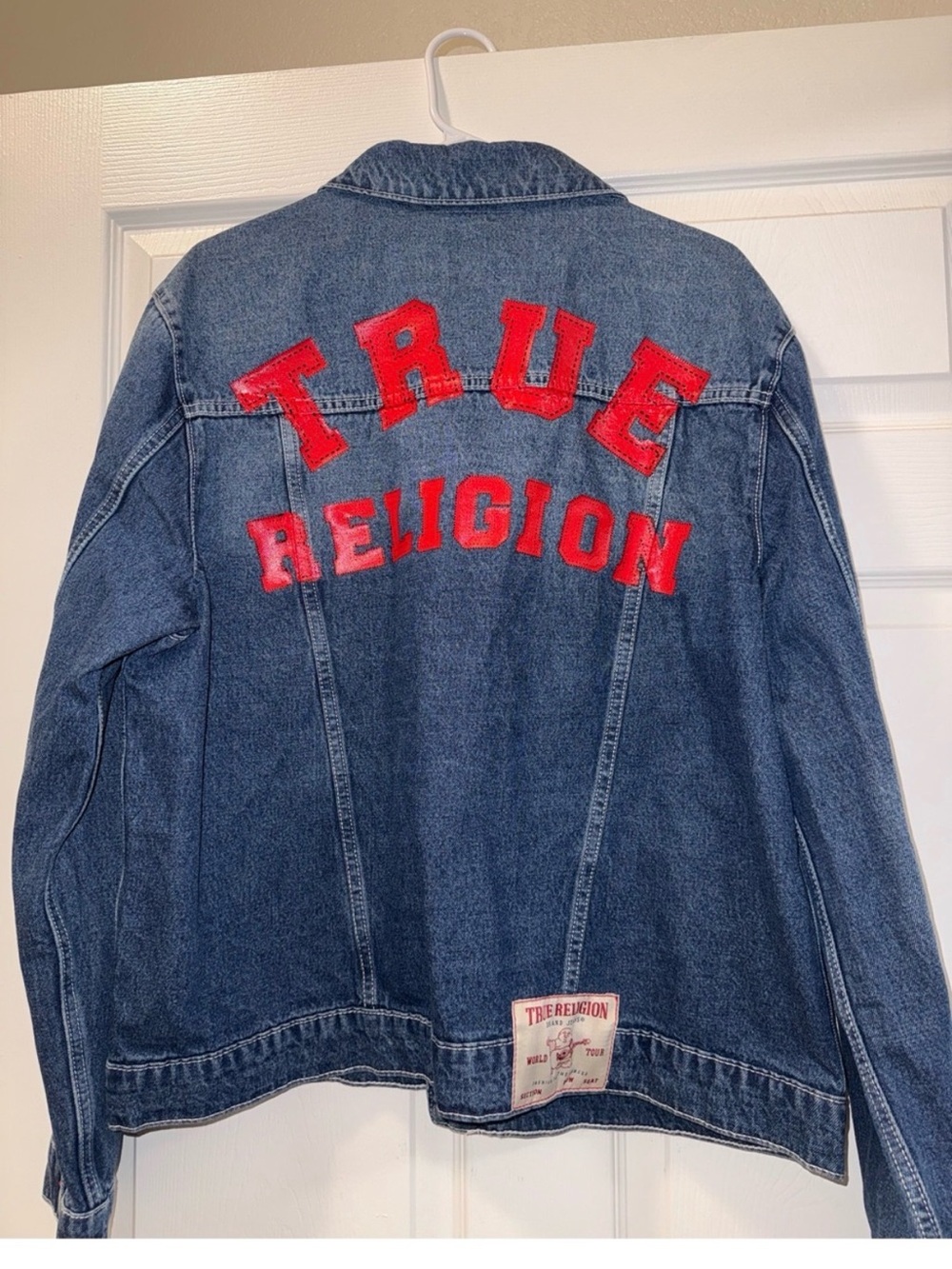 True Religion Blue Denim Jacket with Red Lettering